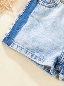 SHEIN Little Girls' New Casual & Fashionable Washed Denim Shorts, Versatile Style - Medium Wash - View 5