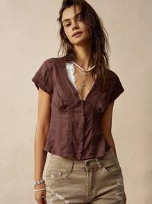 Bohemela 女士度假蕾丝撞色衬衫，无袖上衣 - 棕色 - 查看 6