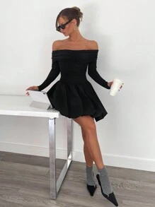 Siren Gaze New Off-Shoulder Puff & Peplum Black Mini Dress For Women, Fall Winter Elegant Evening Dress Party - Black - View 5