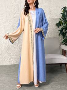 Al Najma 女式拼布花卉装饰色块宽松长袖阿拉伯长袍，适合日常休闲/旅游/假日/度假/聚会 - 藍色 - 查看 7