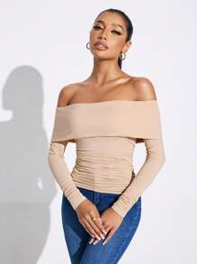 SHEIN SXY Damenkleidung, einfarbig, schulterfrei, gerüscht, langärmelig, T-Shirts, Ausgehoberteil für den Herbst - Khaki - Übersicht 4