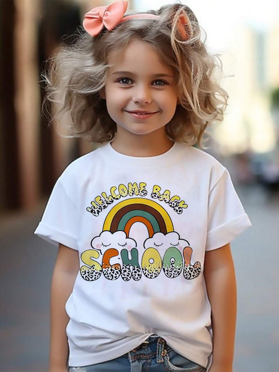 SHEIN Áo phông ngắn tay cổ tròn thoải mái dành cho bé gái mới biết đi, mùa hè - trắng - Xem 1