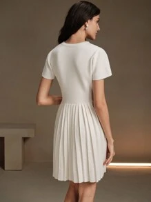 Anewsta Delicate Ruffled Waist Cinching Beige Knitted Party Dress For Ladies - Beige - View 2