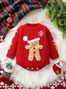 Baby Girls' Knitted Long Sleeve Sweater Bodysuit, Thick And Comfy, For Autumn And Winter, Red, Burgundy, Santa Claus And Santa Hat Pattern, Suitable For Holiday And Christmas