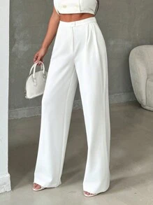 Women's Stylish Solid Color High Waist Straight Pant With Button And Zipper Details