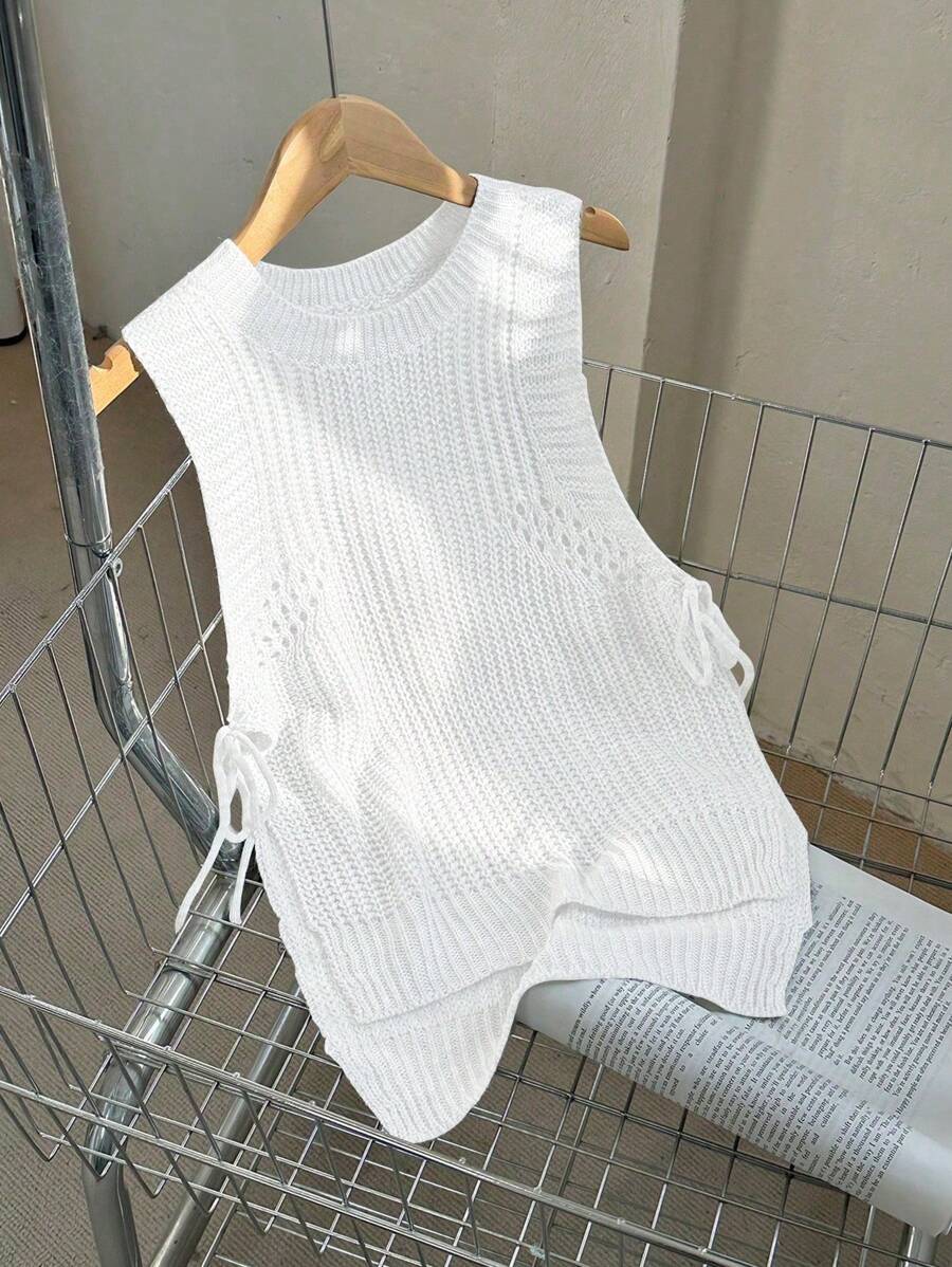 SHEIN Unity 简约纯色无袖圆领套头毛衣背心，系带侧边，休闲装 - 白色 - 查看 1