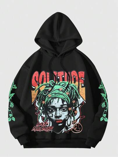 ROMWE Avant Men's Drawstring Letter & Figure Print Hooded Sweatshirt, Casual Daily