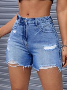 SHEIN EZwear Quần short denim nữ có túi rách viền thường ngày - Rửa trung bình - Xem 5