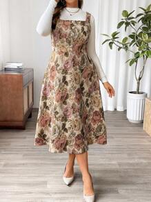 Flirla Đầm Maxi Pinafore cổ vuông có hoa mùa hè dành cho nữ cỡ lớn - Cà phê nâu - Xem 6