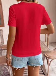 SHEIN Frenchy 女士线绣花心形印花休闲日常穿着短袖 T 恤，夏季 T 恤女士 T 恤茶会服装刺绣上衣 T 恤夏季上衣 - 紅色 - 查看 4