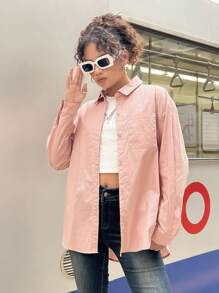 SHEIN 少女纯色梭织修身休闲长袖衬衫 - 藕粉色 - 查看 7
