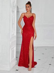 Elisanya Women Sequin Spaghetti Strap Ruched Waist High Split Party Dress, Formal Evening Prom Gown, For Wedding Guest, Graduation, Dinner Elegant Sequin - Red - View 4