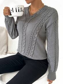 Chiquease Áo len nữ dáng suông màu trơn, vai rớt, thích hợp cho mùa xuân thu, áo len chui đầu màu xám, áo len dệt kim mùa thu đông. - Xám - Xem 6