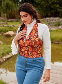SHEIN MOD Top tipo tank con cuello halter, de talla grande, con estampado floral retro hippie, parches de encaje - Multicolor - Ver 7