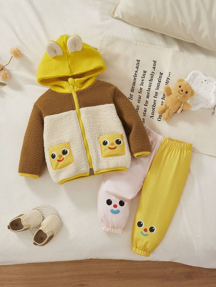 2 peças Conjunto com Capuz e Calça Impressão de Expressão Fofa de Desenho Animado para Menina Pequena - Multicolorido - Visão 1
