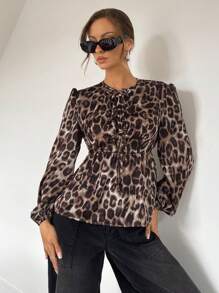 SHEIN Essnce Women's Leopard Print Satin Tie Collar Long Sleeve Shirt, Casual Vacation,Leopard Costume