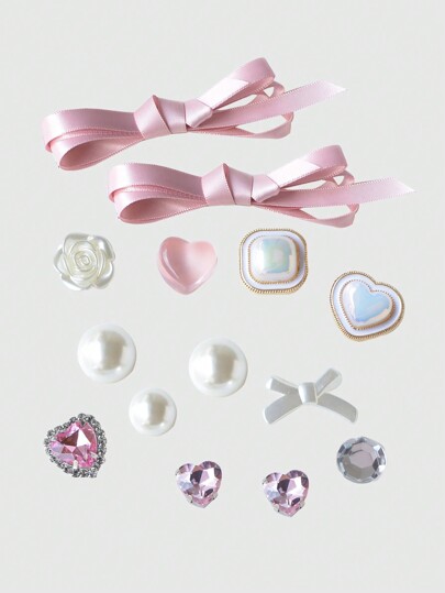 Kawaii 14قطعة من تصميم الباليه وردي الكرز الياباني، تميمة حذاء بتصميم القلب والفيونكة، إكسسوارات متعددة الاستخدامات للعودة إلى المدرسة والخريف