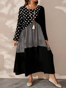 EMERY ROSE Plus Size Crew Neck Long Sleeve Polka Dot & Plaid Contrast Color Charming Fall Dress