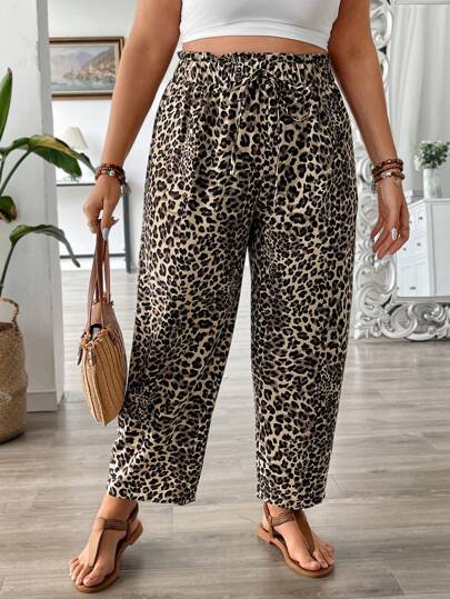 SHEIN VCAY Plus Size Leopard Print Paper Bag Waist Tie Casual Pants