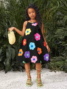 SHEIN 少女度假宽松编织花卉印花吊带连衣裙，春夏母女套装（2 套单独出售） - 黑色 - 查看 3