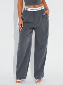 SHEIN SXY Women Contrast Color Waist Pocket Pleated Loose Suit Pants High Waisted Pants