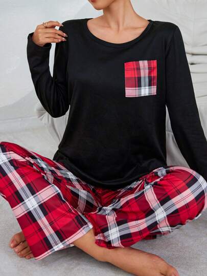 Women Round Neck Long Sleeve Contrast Top Plaid Pants Pajama Set, Fall Clothes Cozy Elegante view 3