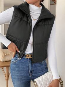 SHEIN Frenchy 女士秋冬翻领绗缝无袖短款棉服外套、羽绒背心 - 黑色 - 黑色 - 查看 6