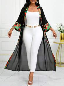 SHEIN Lady 四季女士长袖女士紧身衣秋季衣服图腾非洲印花拼布和服罩衫夏季