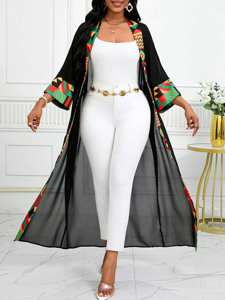 SHEIN Lady 四季女士长袖女士紧身衣秋季衣服图腾非洲印花拼布和服罩衫夏季