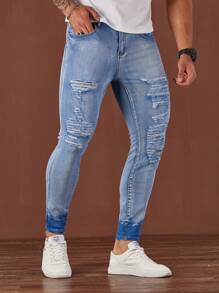 Manfinity Roughcore Vaqueros ajustados informales de denim azul claro para hombre - Lavado ligero - Ver 3