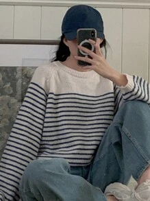 DAZY Women Round Neck Striped Oversized Sweater Fall - Blue - View 7