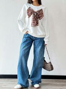 Chiquease Sudadera con cuello redondo, manga larga, decoración de lazo, estampado de leopardo, casual diaria para mujeres