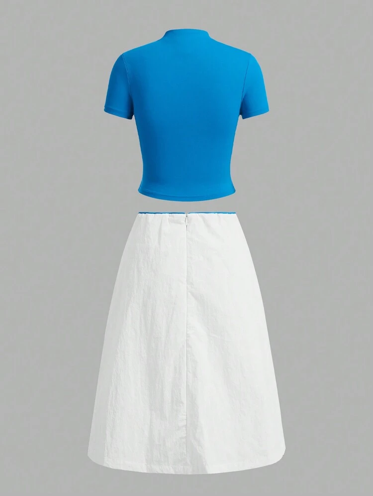 Zipper Contrast Color Sewing Stand Collar Slim Fit Short Sleeve T-Shirt And Contrast Color Skirt
