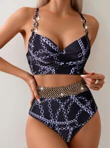 SHEIN Swim Bộ đồ bơi hở lưng dây đeo tròn cho nữ và quần bơi in họa tiết toàn thân mùa hè - Nhiều màu - Xem 3