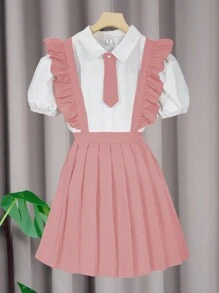 SHEIN 青少年女孩衬衫配蝴蝶结领和吊带裙校服套装 - 彩色 - 查看 4