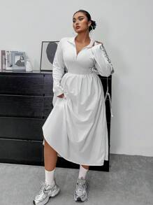 Flirla Plus Size Women Spring Autumn Solid Color Zip Half-Placket Long Sleeve Casual Dress - White - View 3