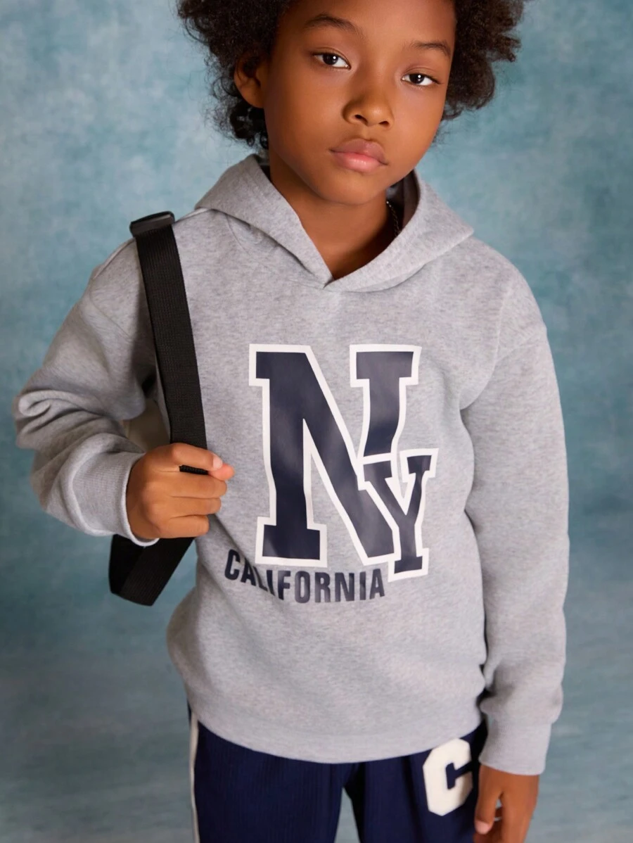 SHEIN Tween Boy Loose Fit Letter Graphic Hoodie Sweatshirt - Light Grey - View 1
