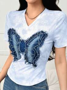 Mulvari 女士夏季 V 领蝴蝶结装饰短袖休闲 T 恤 - 藍色 - 查看 4