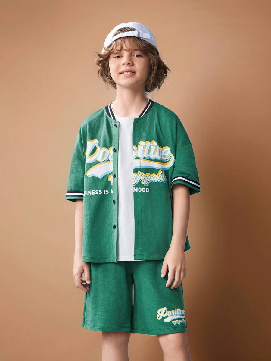 SHEIN 2pcs Tween Boy Letter Print Short Sleeve Shirt & Shorts Set - Green - View 1