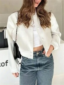 INAWLY Chaqueta casual de un solo botón de unicolor para mujer, de uso diario - Blanco - Ver 1