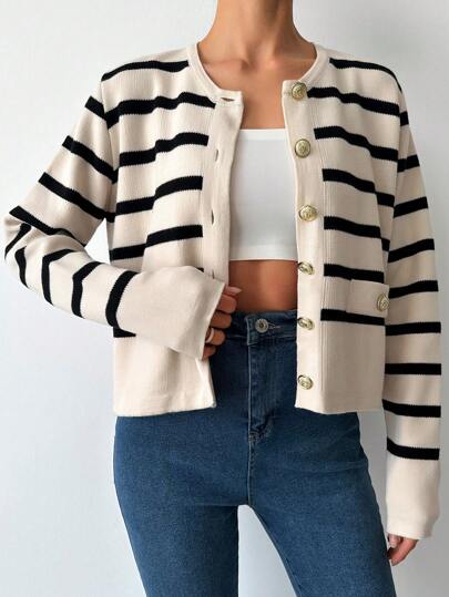 SHEIN Tall Striped Pattern Button Front Cardigan