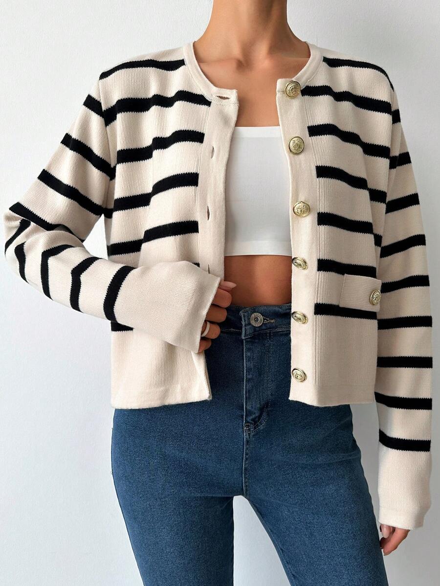 SHEIN Tall Striped Pattern Button Front Cardigan - Beige - View 1