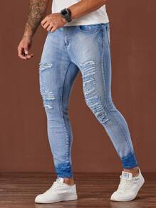 Manfinity Roughcore Vaqueros ajustados informales de denim azul claro para hombre - Lavado ligero - Ver 5