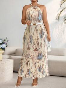 SHEIN Clasi Plus Size Elegant Tie-Dye Dress With Halter Neckline Women Outfit, For Summer - Apricot - View 5