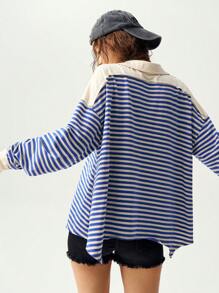Bohemela Camiseta de manga larga holgada con escote delantero abierto, de punto a rayas azules y blancas, con bajo asimétrico, para mujer, otoño