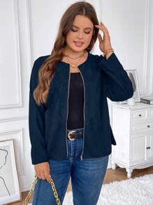SHEIN Clasi Áo khoác có khóa kéo thông thường đơn giản màu trơn dành cho nữ cỡ lớn - Màu xanh hải quân - Xem 3