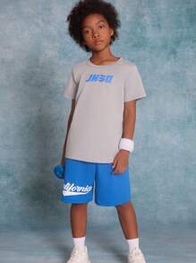 SHEIN Tween Boys' Knitted Letter Printed Short Sleeve T-Shirt With Pocket And Shorts Casual 2pcs/Set