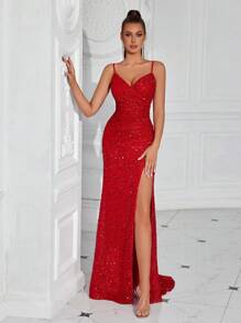 Elisanya Women Sequin Spaghetti Strap Ruched Waist High Split Party Dress, Formal Evening Prom Gown, For Wedding Guest, Graduation, Dinner Elegant Sequin - Red - View 7