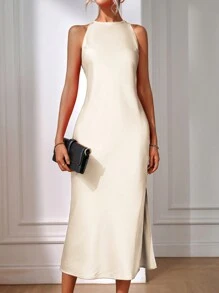 EMERY ROSE 纯色开叉大腿缎面长裙女装 - 杏色 - 查看 5