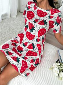 Kurzarm Rundhals Cartoon Obst Allover-Muster Schlafkleid mit Allover-Muster, lockere Kleidung